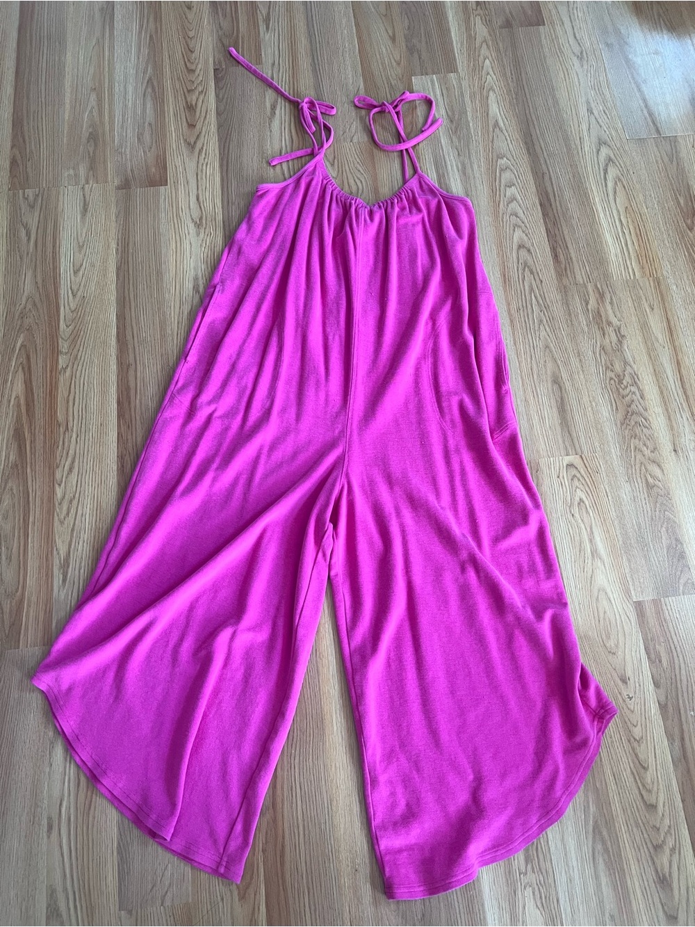 Anthropologie Hot Pink Tie-Shoulder Terry Cloth Cropped Asymmetrical Jumpsuit